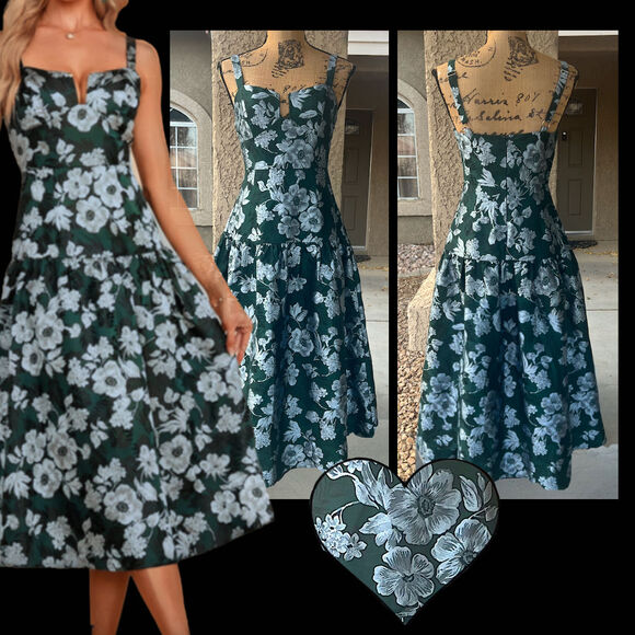 Lulus Emerald Floral Jacquard Drop Waist Major Flirtation Midi Dress Size Small - Picture 1 of 12